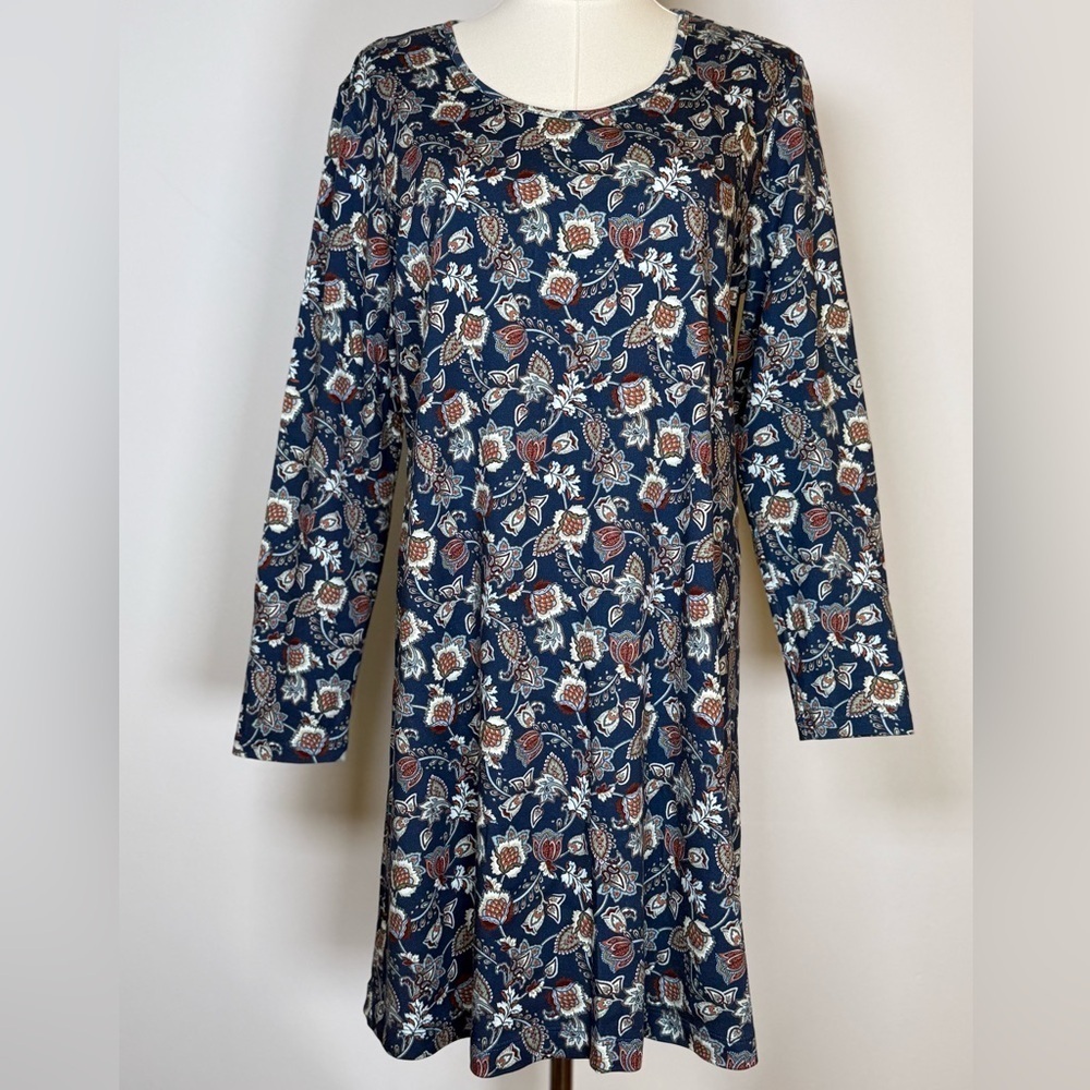 Lands End Blue And Burnt Orange Floral Cotton Dress Women’s Size MP (10-12)